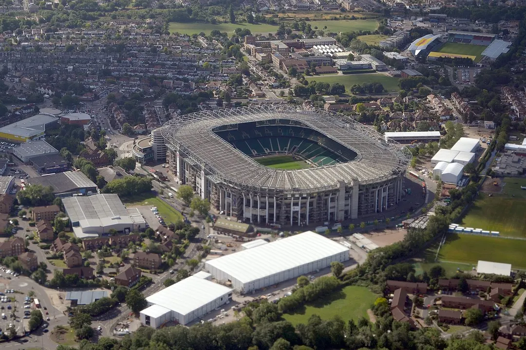 Aerial view of Twickenham Stadium (centre) and Stoop Stadium (background) from the north in August 2015.