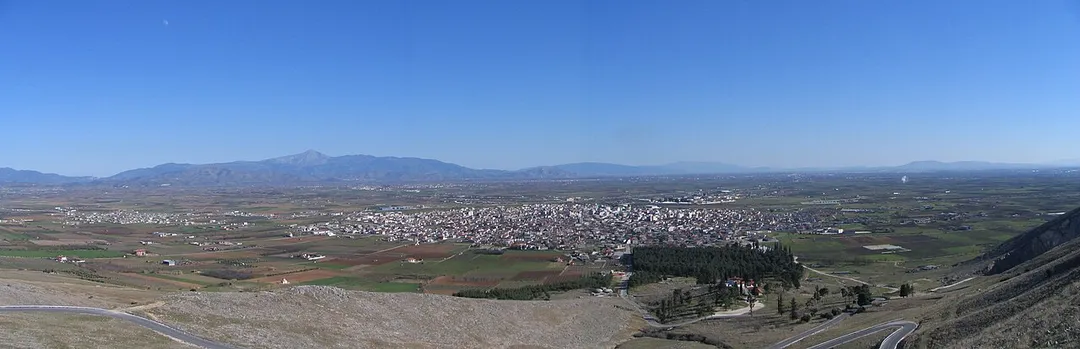 A wide view of Tirnavos city and Thessaly 's plain