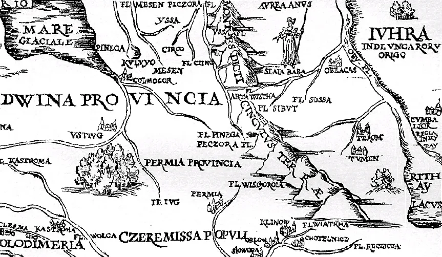 A map of Russia (Moscovia) published by Sigismund von Herberstein in 1549. Fragment: NE corner