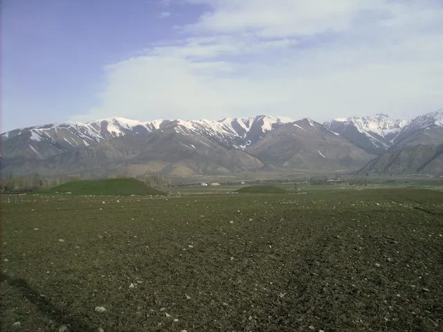 A chain of mounds in a field, against the background of mountains, in Issyk-Kul Region, near Tyup