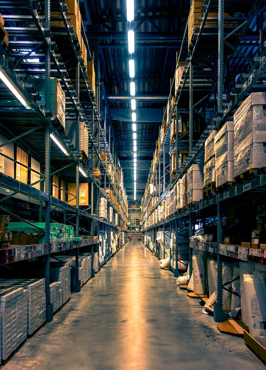 Self-serve aisle with pallet racking shelves in IKEA store in Torp köpcentrum, Uddevalla, Sweden. The photo is edited in cinematic style using normal functions in Lightroom. No "ready-made" filters or settings used.