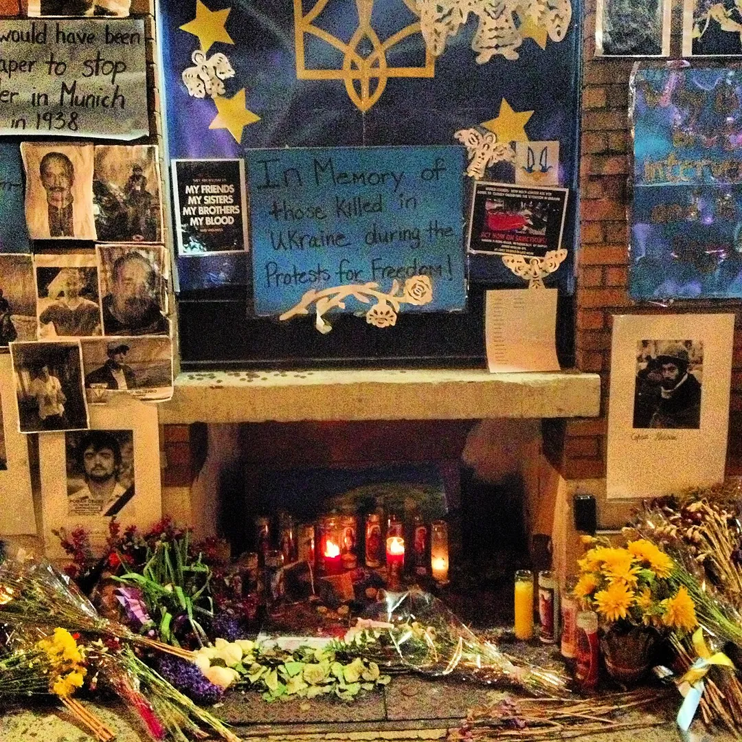 Photo of memoriam for Ukrainians in the East Village, New York City.. Taken on 2nd avenue by St Marks Place.