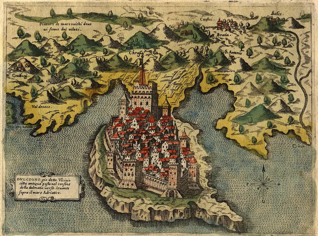 Map of Dulcigno (now Ulcinj) in 1573 by Simon Pinargenti.