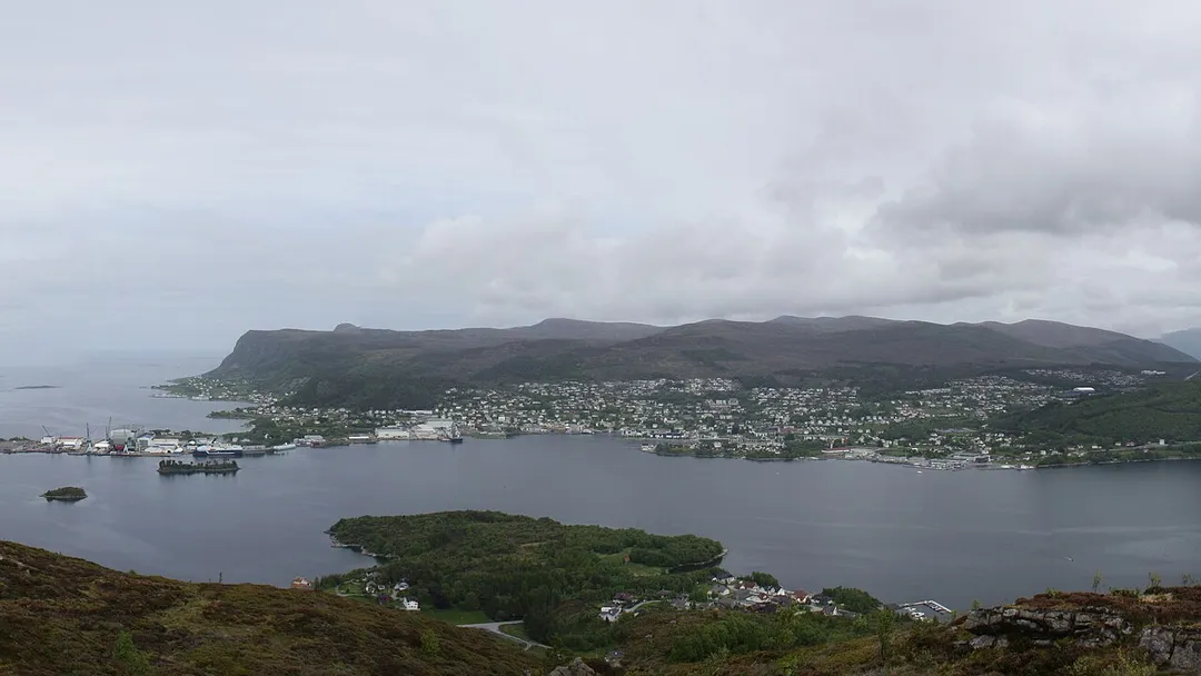 Ulsteinvik city seen from Høgåsen peak on the Dimna island.