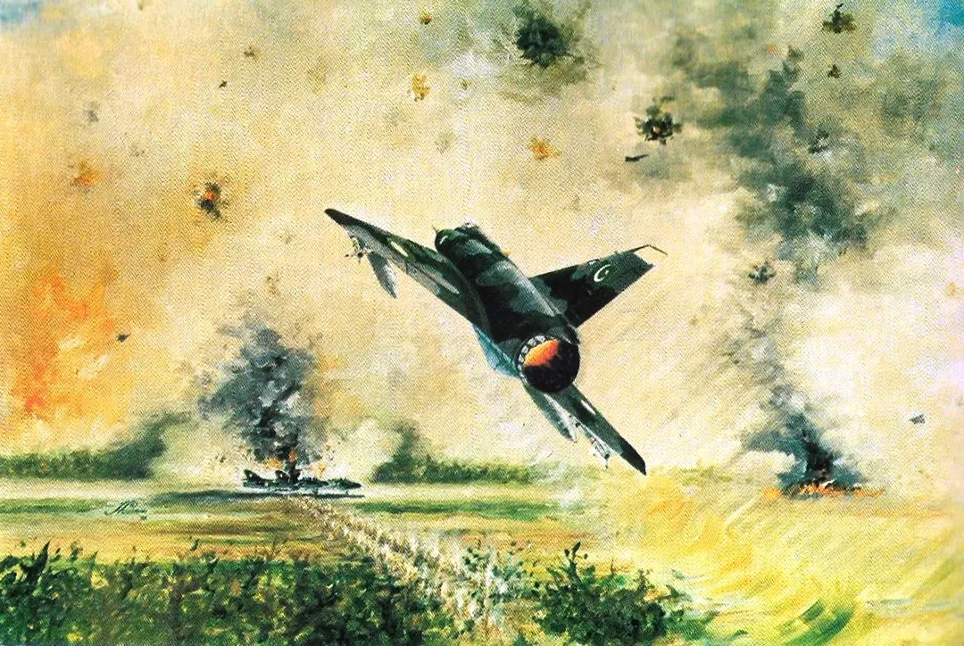 Oil painting 2ft. X 3 ft. by Captain Syed Masood Akhtar Hussaini depicting a Mirage from the Pakistan Air Force attacking two airplanes on Dec. 10, 1971. The painting is at the Army Staff College, Quetta. https://welc0m2myworld.blogspot.com/search?q=10+dec+1971 
The painting was part of a 2018 exhibition of art depicting the history of Pakistan Air Force by Captain Syed Masood Akhtar Hussaini at PAF Museum in Karachi. https://www.dawn.com/news/1386928 https://web.archive.org/web/20180204213853/https://www.dawn.com/news/1386928 
The image was published on the pakistanairforce.paf Instagram channel with the caption "Mirages attack on Panthankot with two Hunters on the runway exploding in flames". https://www.instagram.com/p/DSEsB71DCSx/ 
Group Captain (retired) Syed Masood Akhtar Hussaini, popularly known as ‘Hussaini’, is Pakistan’s pioneer military and aviation artist. Being an aviation soldier by profession and an artist by nature, Hussaini has never received any formal art training. Yet over the years his talent has become a skill, almost polished to perfection.