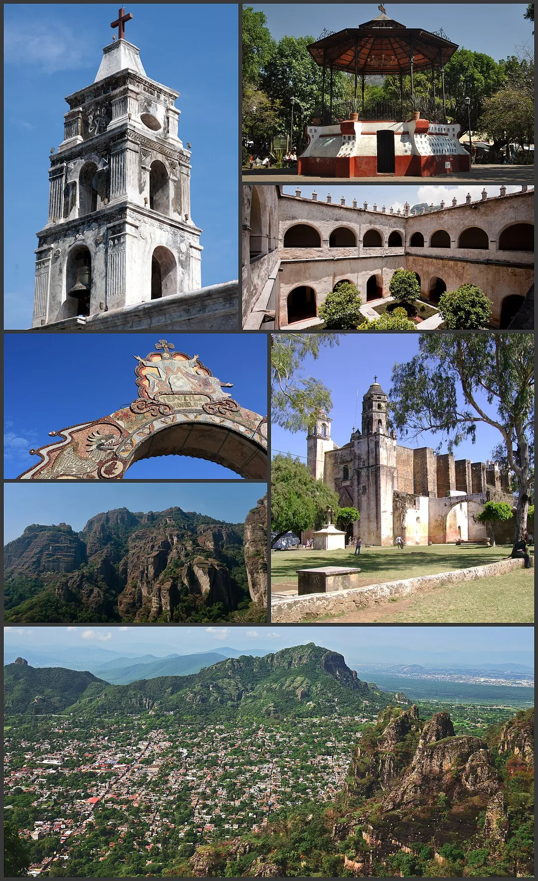 de arriba a abajo y de izquierda a derecha:
Iglesia de San Miguel de Arcangel
Kiosco Municipal
Museo y Centro de Documentación, Ex Convento de Tepoztlán
Arco en la iglesia de Tepoztlán
Cerros alrededor de Tepoztlán
Templo y Antiguo Convento de la Natividad
Vista panorámica de Tepoztlán