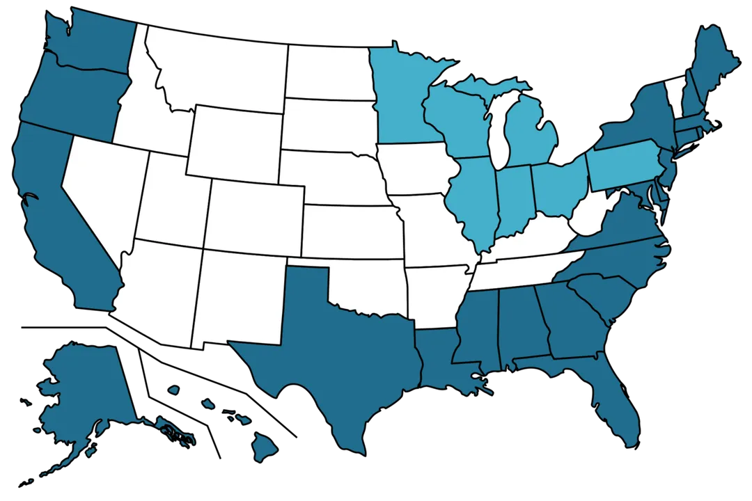 A map of U.S. states having an ocean or lake coastline.