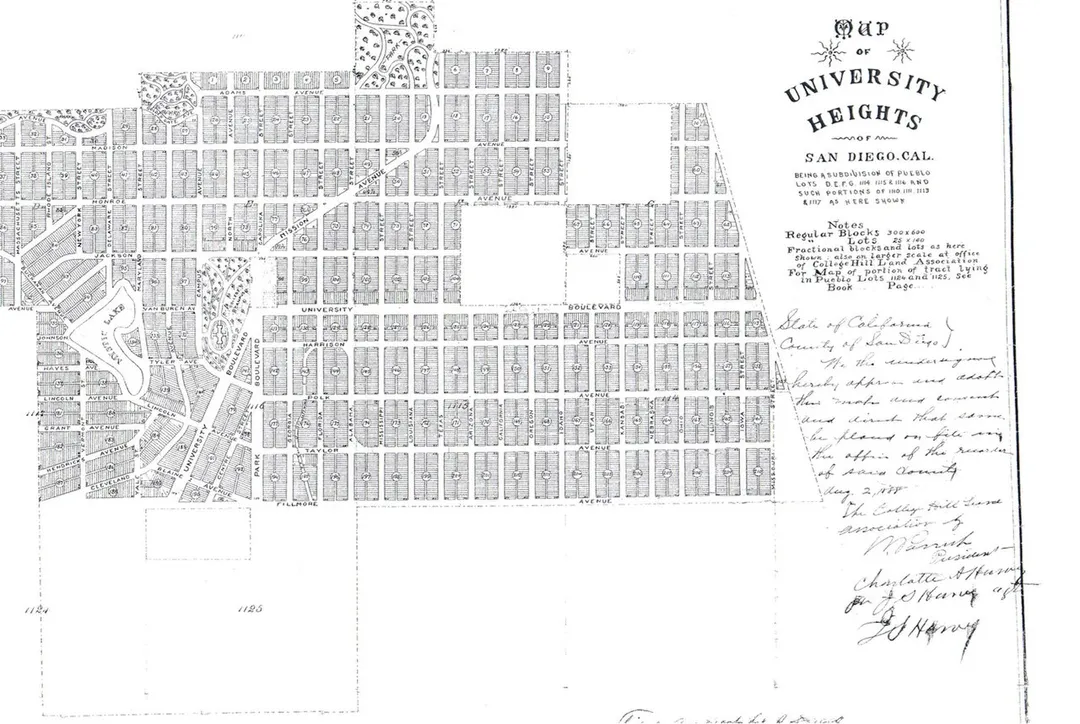 The original subdivision boundaries of the University Heights neighborhood in San Diego from 1888.