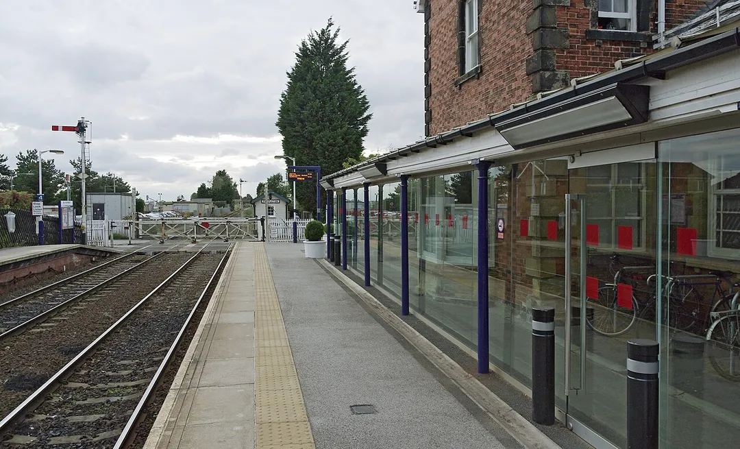 Poppleton railway station on the Harrogate Line in the outskirts of York, looking towards Harrogate.