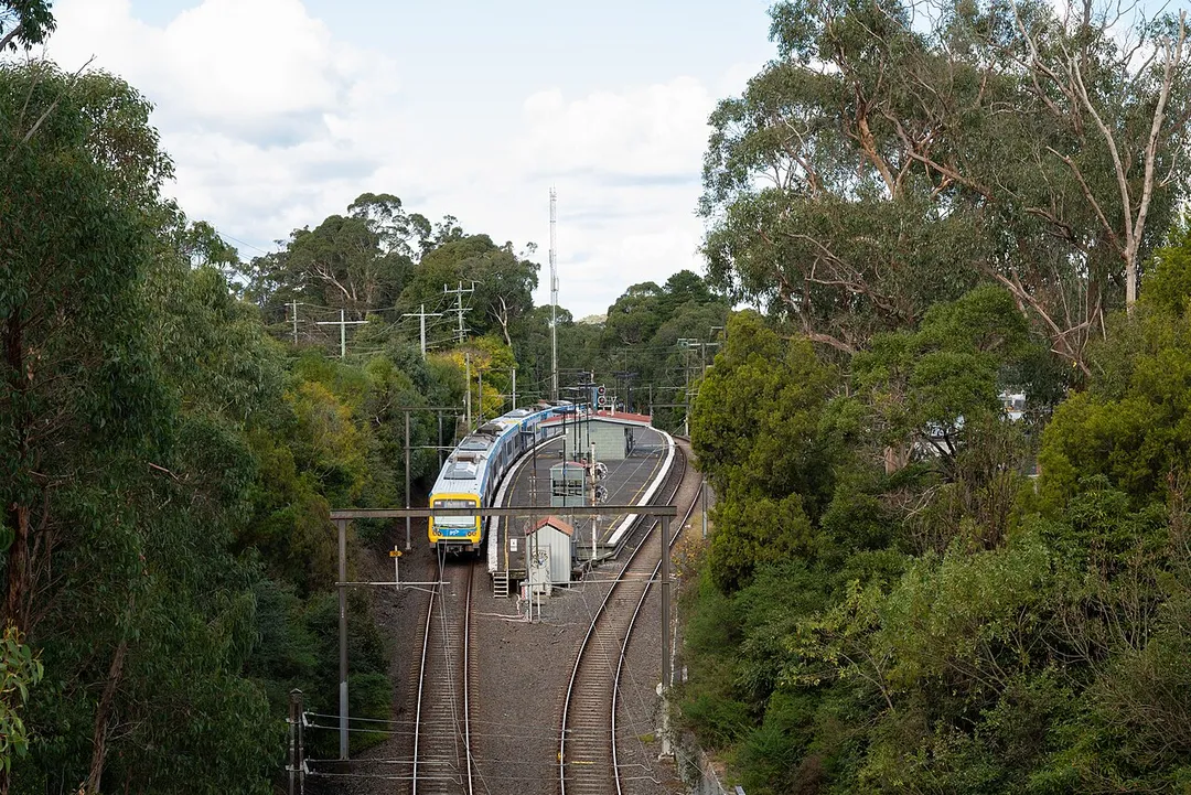 Upwey train station with an X'Trapolis 100 Train on Platform 1.