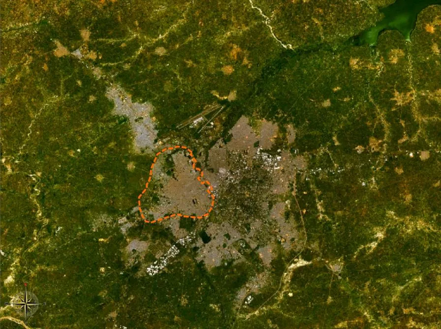 Satellite map of Kano, Nigeria, with the city wall