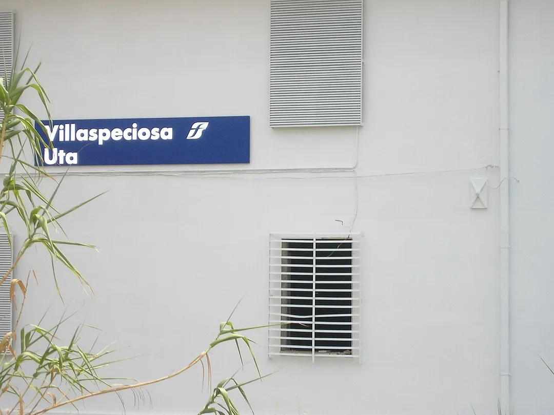 The railway halt of Villaspeciosa-Uta, seen from the SP90 road, in Sardinia, Italy