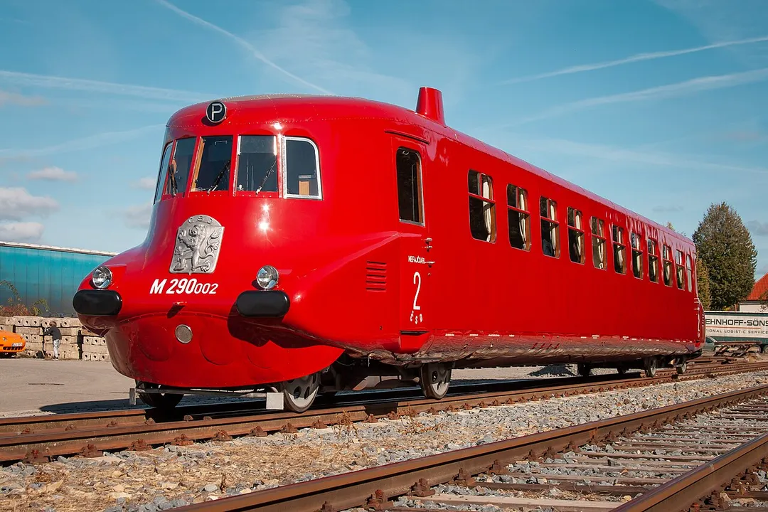 Restored railcar M 290.002 Slovenská strela (Slovak Arrow) at the Valšské Klobouky railway station on October 16, 2021.