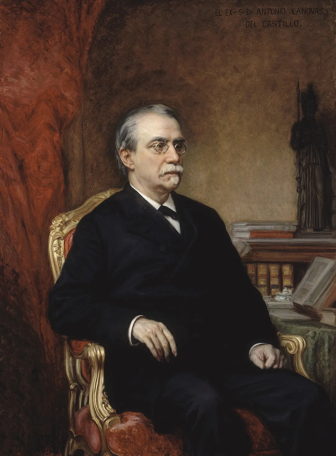 Retrato del politico e historiador español Antonio Cánovas del Castillo (1828-1897), que llegó a ser presidente del Consejo de Ministros de España en varias ocasiones y murió asesinado por el anarquista Michele Angiolillo en 1897.