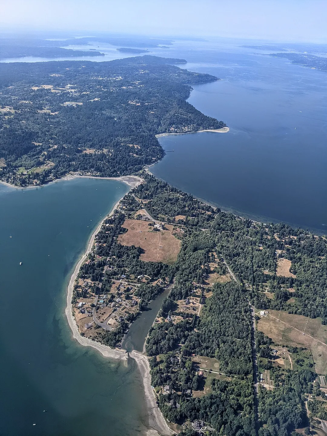 Aerial view of the isthmus connecting Maury Island (foreground) to Vashon Island (background), near Seattle, Washington