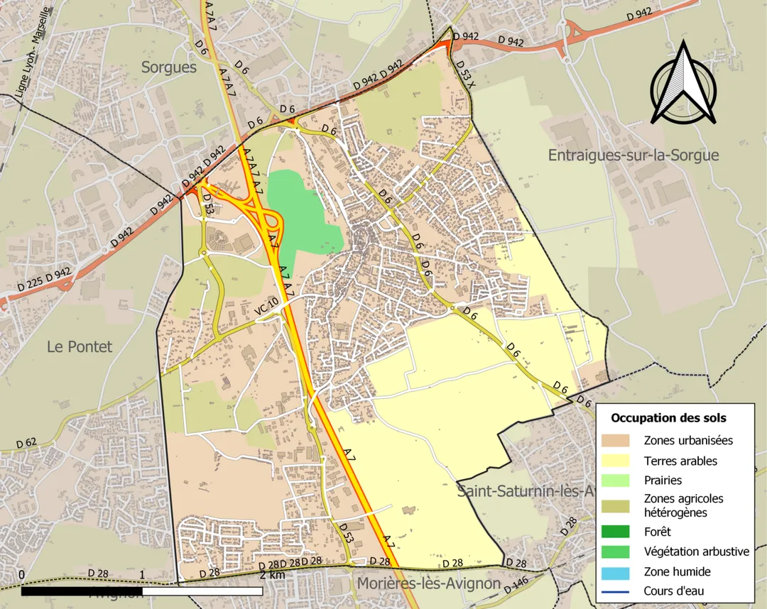 Carte des infrastructures et de l’occupation des sols en 2018 de la commune de fr:Vedène (France).