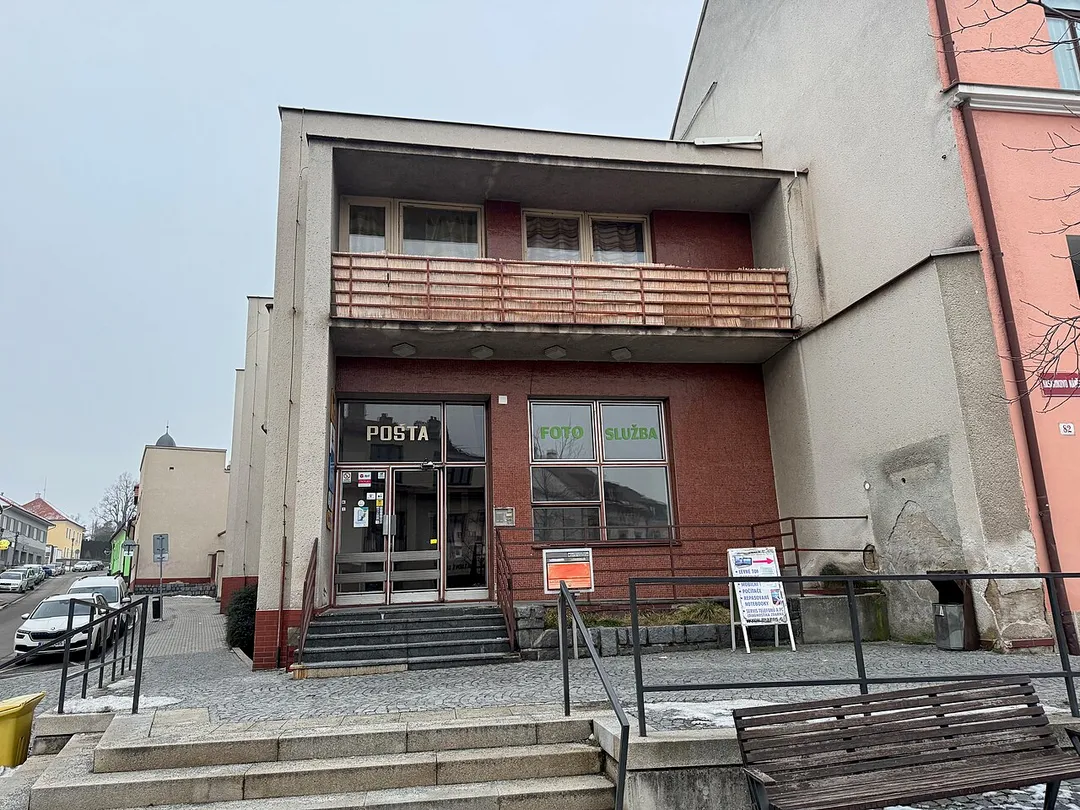 Overview of post office at Masarykovo náměstí street in Velká Bíteš, Žďár nad Sázavou District.