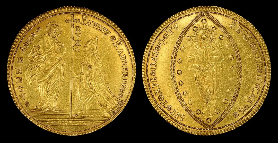 Italian States, Republic of Venice, 50 Sequin or Zecchini (c. 1779–89) struck during the reign of Paolo Renier, the penultimate Doge of Venice. The name was derived from the Zecca of Venice. It has a diameter of 76mm and weighs 192.5g