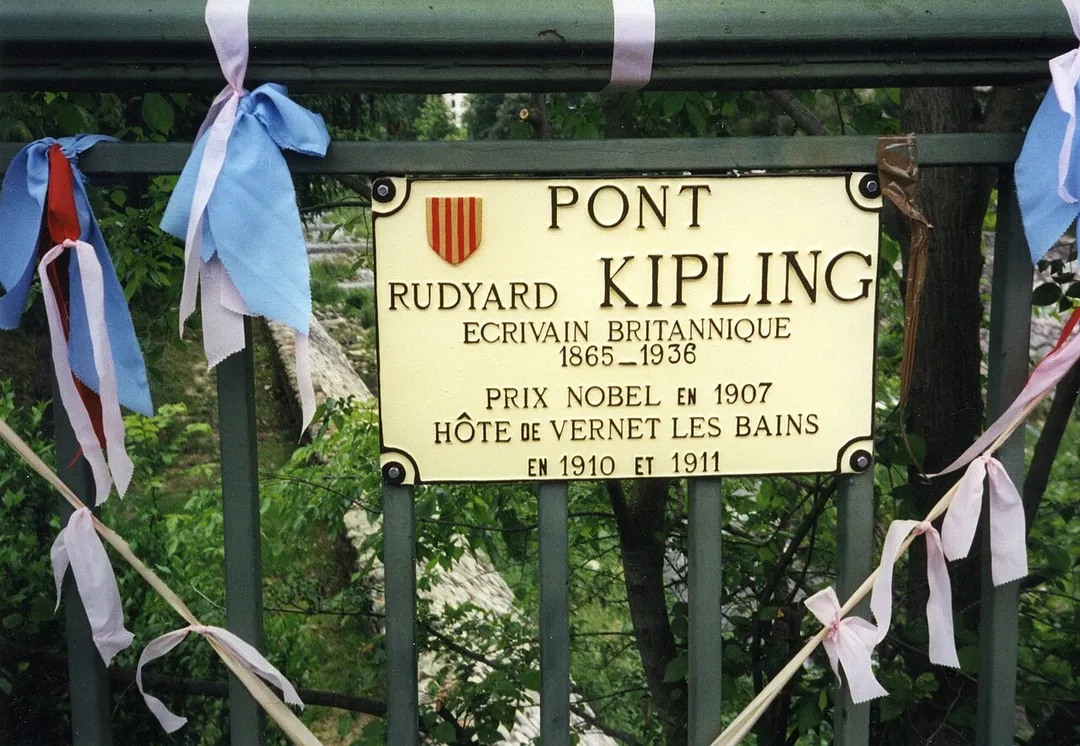 The writer Rudyard Kipling stayed in Vernet-les-Bains, in the Pyrénées-Orientales, France, in 1910 and 1911 (and again in 1914 and 1926). The town council has since named a bridge in his honour. The bridge crosses the River Cady.