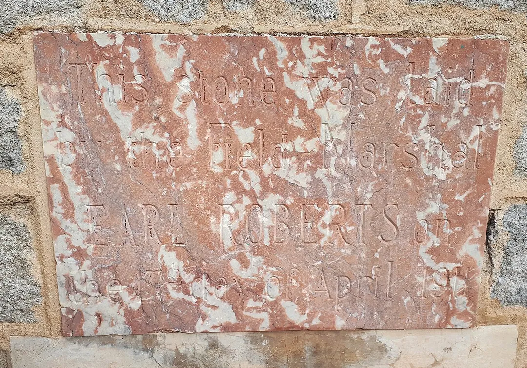 Foundation stone of St George's Church, Vernet-les-Bains.
"This stone was laid by the Field Marshal Earl Roberts on the 17th day of April 1911".
See also: Vernet-les-Bains St George's church.jpg.

The stone was carved from Villefranche marble, quarried locally.