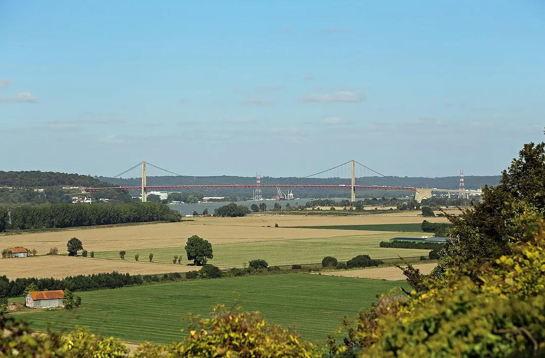 The Marais Vernier and (in the distance) Tancarville bridge on the Seine, seen from the Pointe de La Roque (Eure department, France)