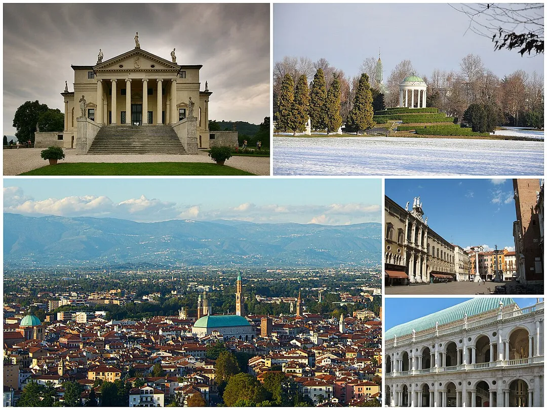 Collage di varie foto di Vicenza. In senso orario dall'alto a sinistra: villa Almerico Capra "La Rotonda", il tempietto di Parco Querini, scorcio di piazza dei Signori, la Basilica Palladiana e una vista della città da Monte Berico.