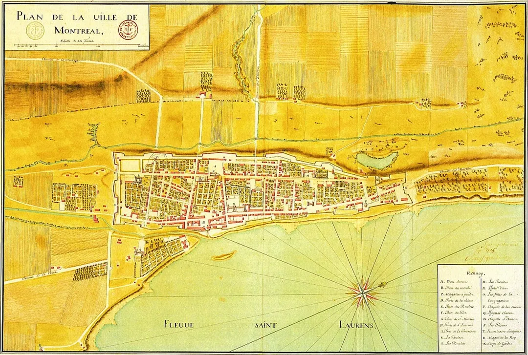 Gaspard-Joseph Chaussegros de Léry, ingénieur, Plan de la ville de Montréal, 10 septembre 1725. Plume, encre et lavis de couleur sur papier, 52 x 74 cm. Archives Nationales (France), Centre des Archives d'Outre-mer, Aix-en-Provence, DFC, Amérique Septentrionale, no 475B.