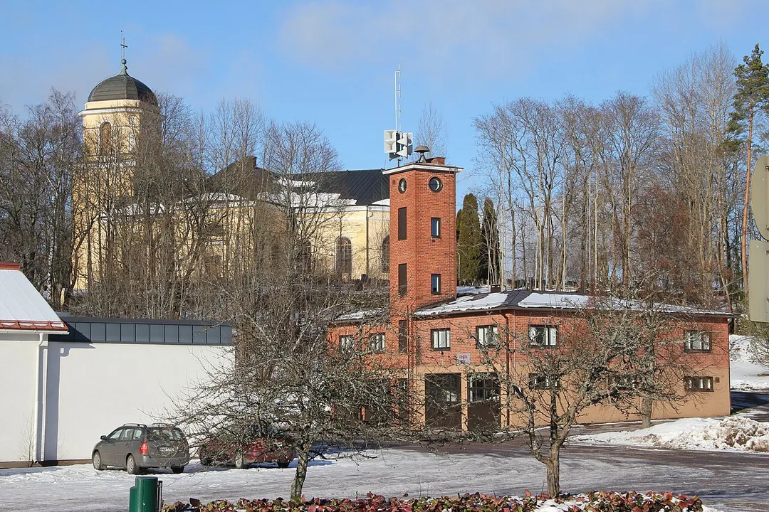 Vihti Church, Vihti Fire Station (in front); Vihti, Uusimaa, Finland