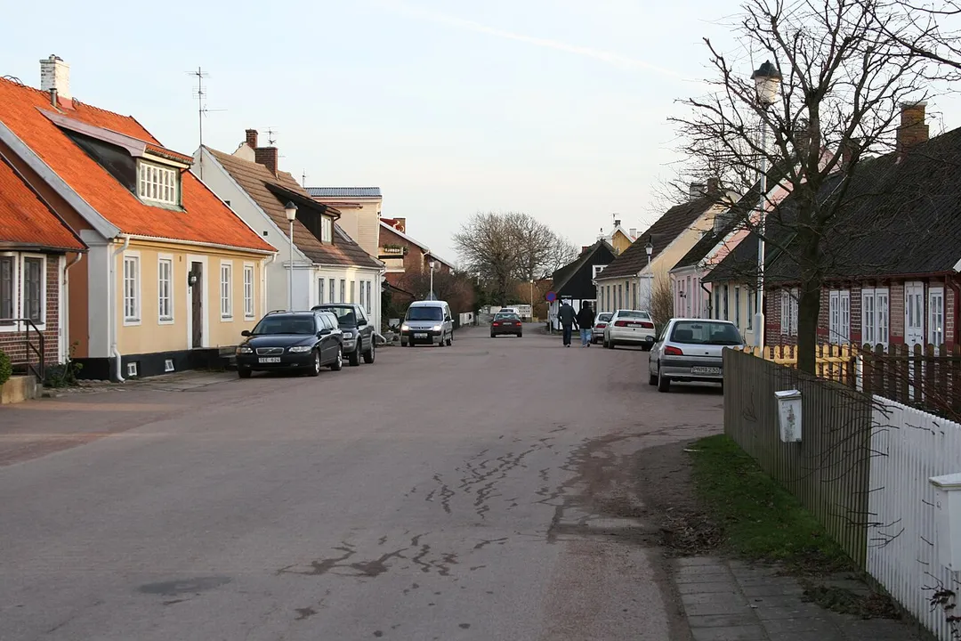 A view of the main road Bygatan through central Viken (Höganäs municipality, Sweden).
