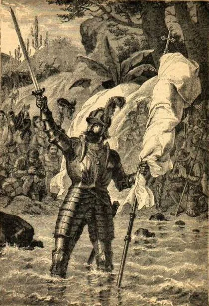 Vasco Núñez de Balboa claims the South Sea. XIXth century engraving by unknown artist.