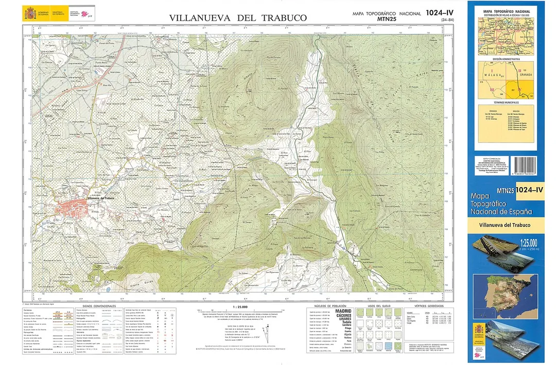 Fragment 1024c4 of the National Topographic Map of Spain in 2008 at a scale of 1:25000 printed and scanned with a resolution of 250 ppi. It shows Villanueva del Trabuco.