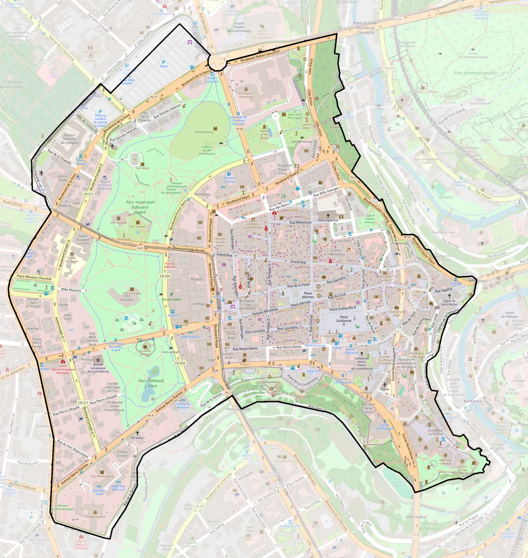 Detailed map of the Ville-Haute, adapted from OpenStreetMap data.