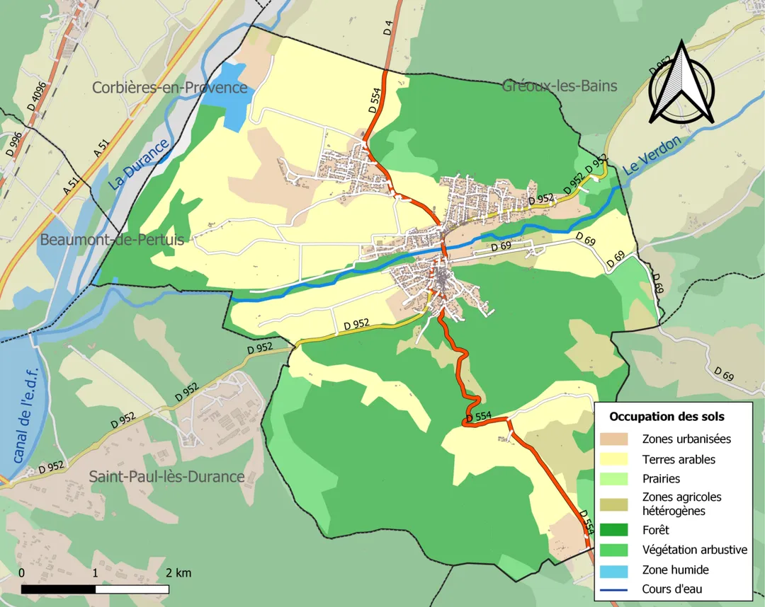 Carte des infrastructures et de l’occupation des sols en 2018 de la commune de fr:Vinon-sur-Verdon (France).