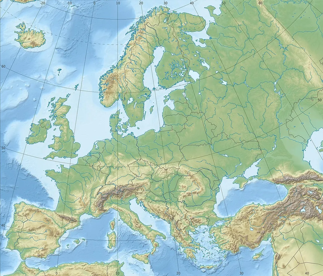 Physical location map Europe; Lambert azimuthal equal-area projection