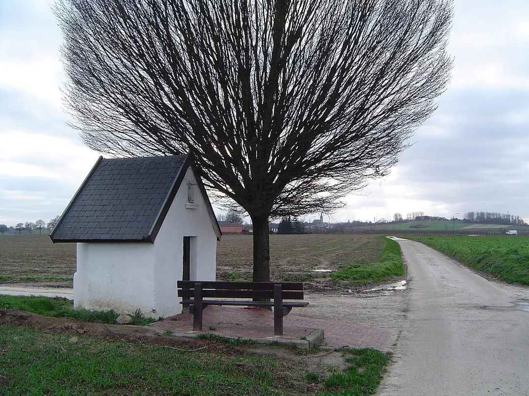 Het wit kapelletje te vlijtingen. Deze kapel met onbekend bouwjaar is staat sinds mensenheugnis op de kruising van de Aldenbergweg en de Bosstraat. Vlijtingen is een Haspengouws dorp in Belgisch Limburg. De kapel is opgedragen aan de maagd Maria en werd opgetrokken in witgekalkte mergelblokken.  In de verte zie je de kerktoren van Herderen.