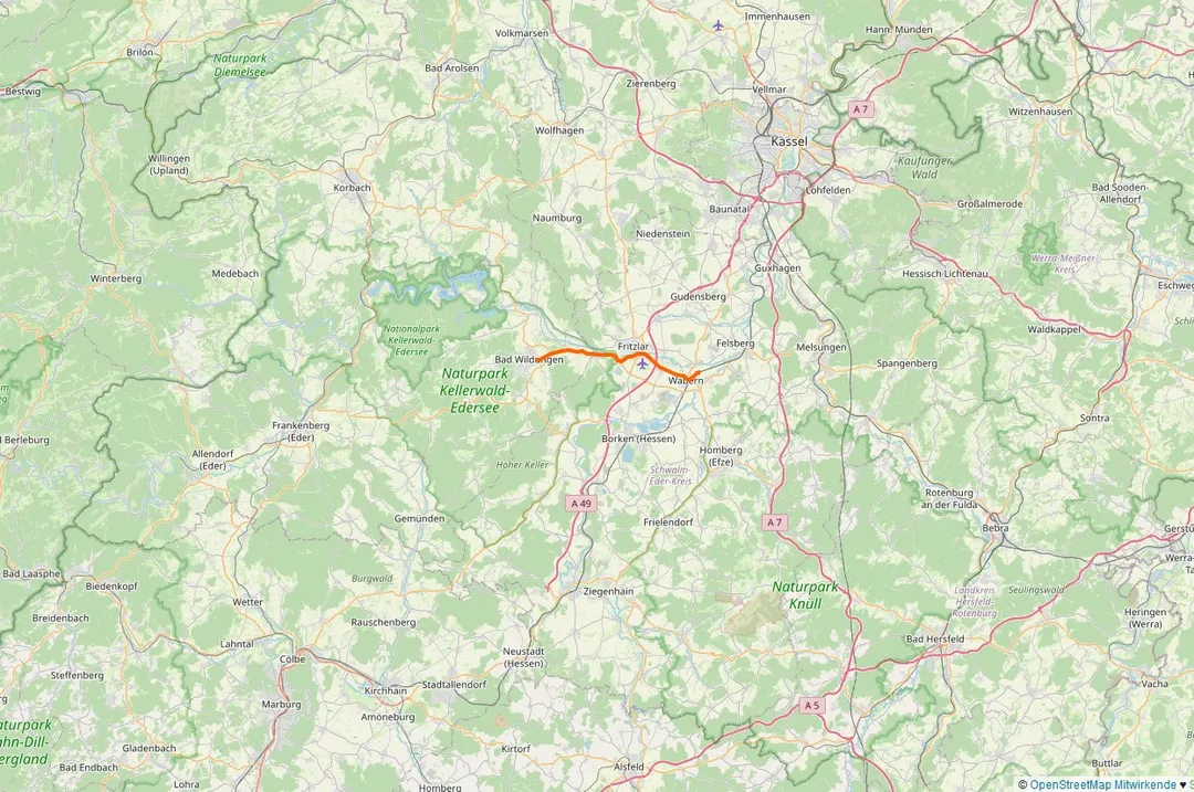 location of Wabern–Bad Wildungen railway line in Hesse, Germany