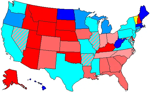 Summary of party control of U.S. house seats in the 106th United States Congress following election. Stripes indicate a tie between two or more parties.
Legend:

  80.1-100% Democratic seat majority
  60.1-80% Democratic seat majority
  60% or less Democratic seat plurality
  60% or less Republican seat plurality 
  60.1-80% Republican seat majority 
  80.1-100% Republican seat majority 
  80.1-100% Independent seat majority