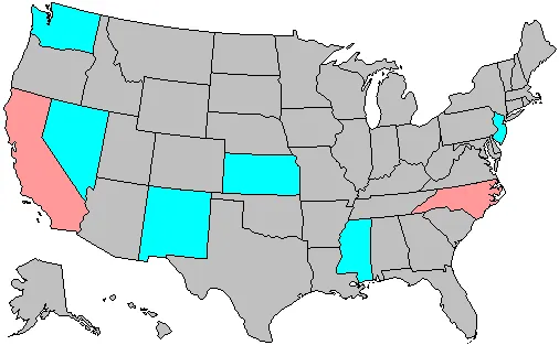 Summary of party change of U.S. house seats in the 1998 House election. Stripes indicate a tie between the gains of two or more parties.
Legend:

  6+ Democratic seat pickup
  3-5 Democratic seat pickup
  1-2 Democratic seat pickup
  1-2 Republican seat pickup 
  3-5 Republican seat pickup 
  6+ Republican seat pickup 
Note: years ending in 2 may have inconsistent results due to redistricting.
