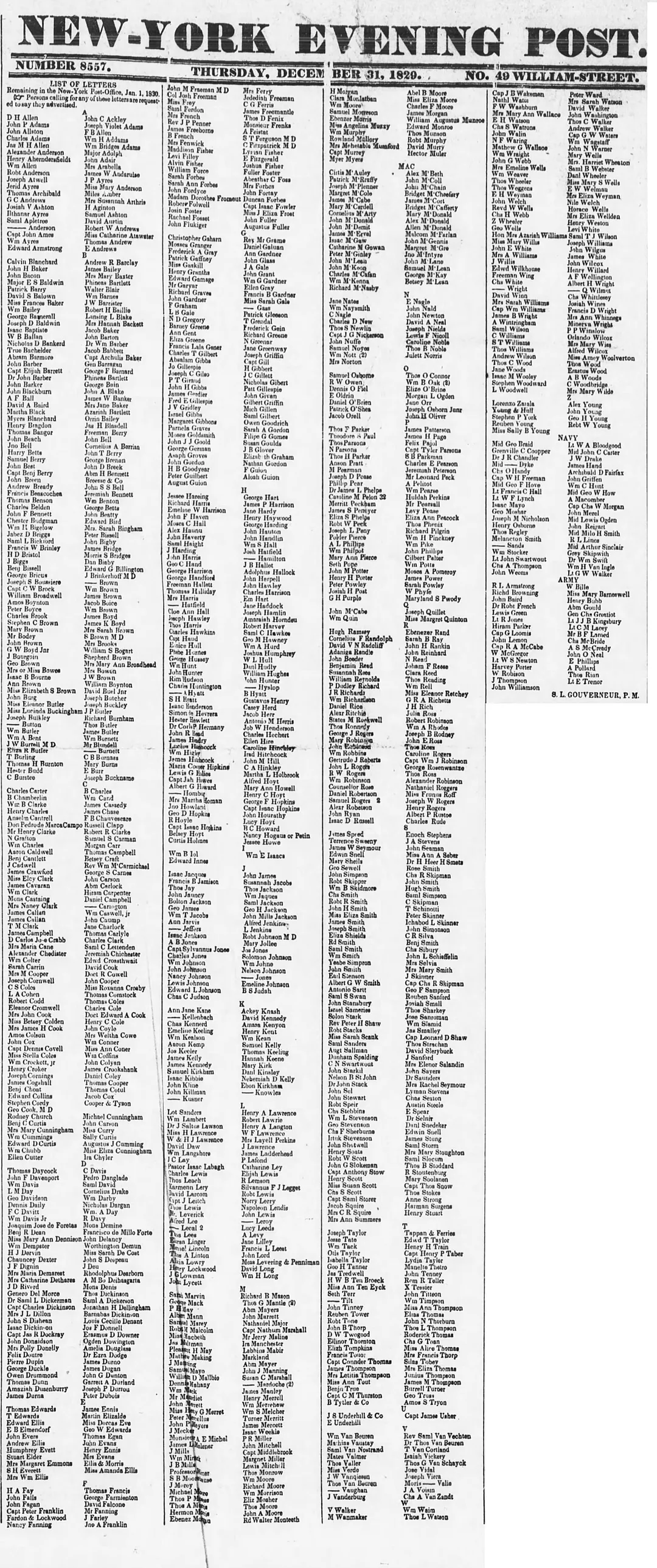 List of Letters in The Evening Post of New York City, New York on 31 December 1829