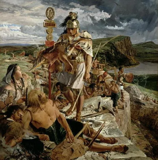 The painting shows a centurion supervising the building of Hadrian's Wall. The centurion has been given the face of John Clayton, who was responsible for saving parts of the Wall from loss. The painting is in the collection at Wallington Hall near Morpeth, England.