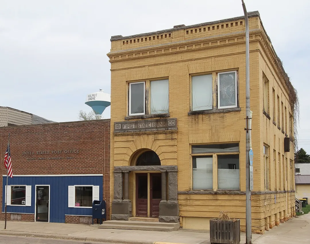 U.S. Post Office, First State Bank Building, and water tower in Walnut Grove, Minnesota, United States