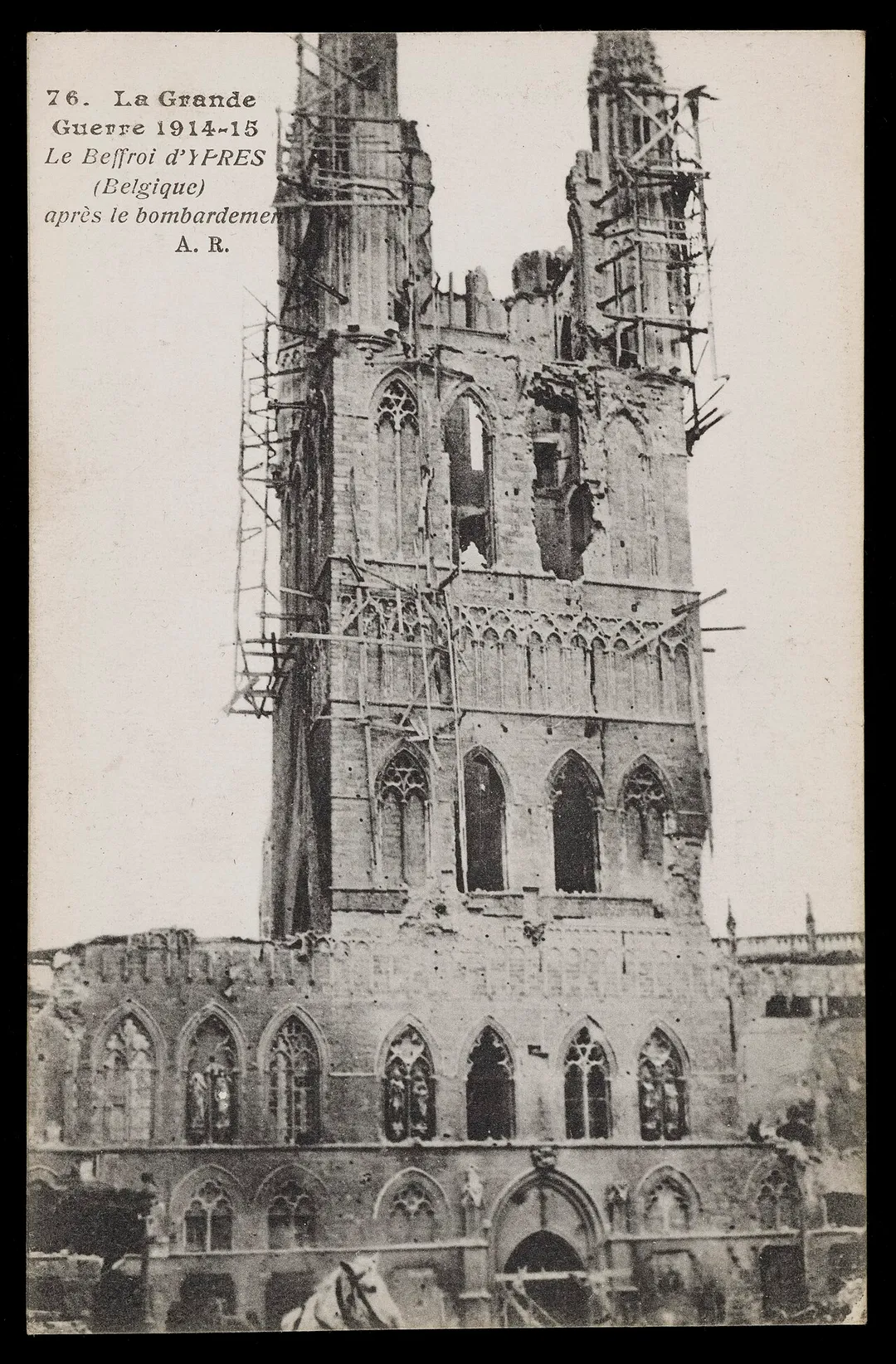 Postcard showing the belfry of Ypres (Belgium) after the bombardment.

Archives &amp; Manuscripts
Keywords: World War One WW1 Great War; First World War