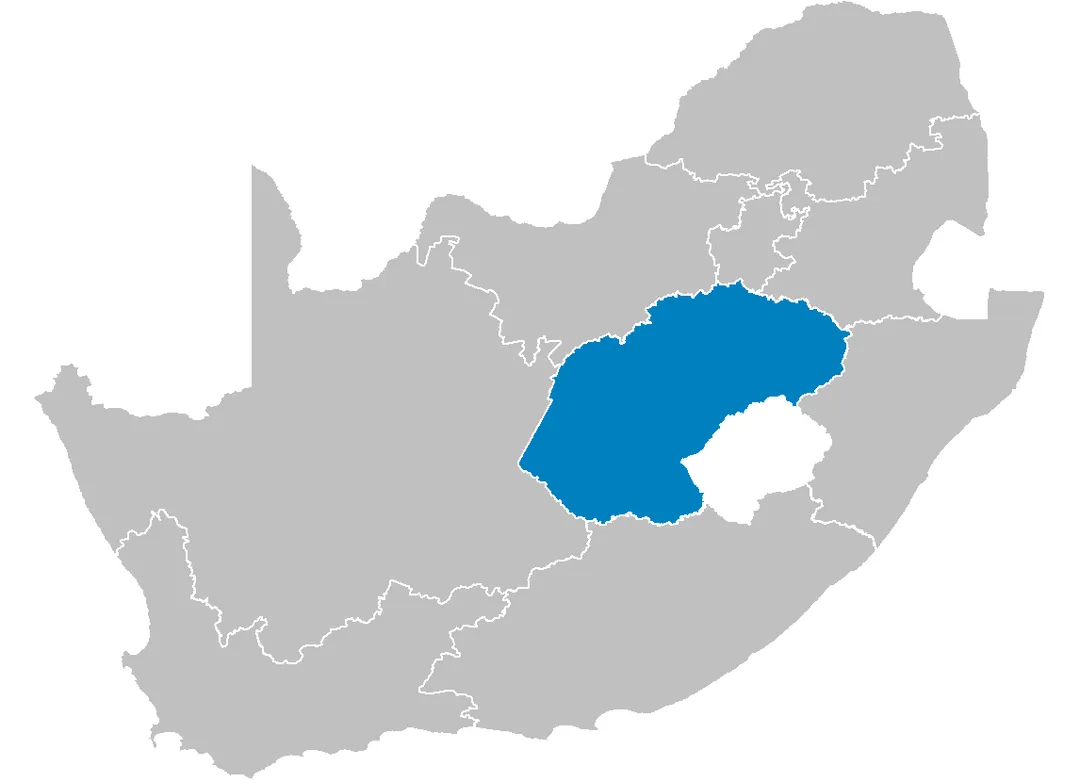 Map of South Africa showing the Free State province after the 12th amendment of the constitution in December 2005.