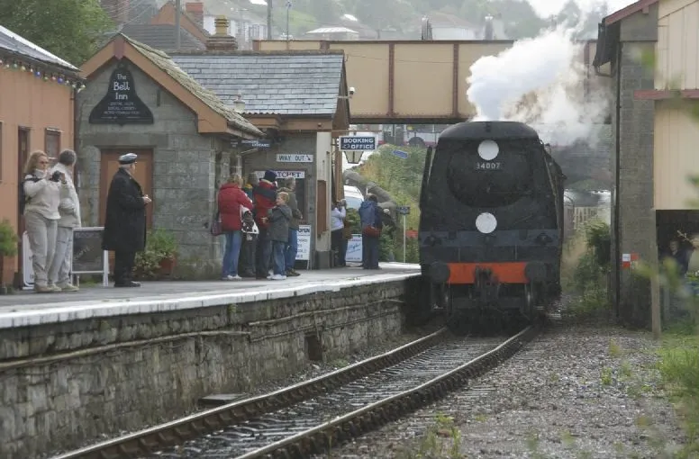 Unrebuilt West Country Class 'Wadebridge' arrives at Watchet. Although hard to see it was raining quite hard.
