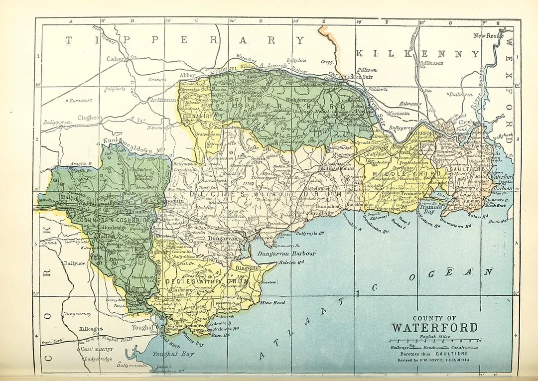 Map of the baronies of County Waterford in Ireland; taken from Atlas and cyclopedia of Ireland, p.287