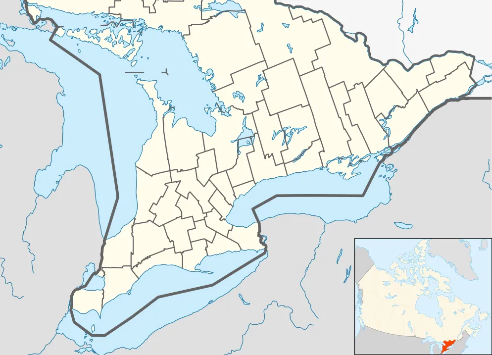 Location map of Southern Ontario, Canada.
Equirectangular projection, N/S stretching 155%. Geographic limits of the map:

N: 46.4° N
S: 41.4° N
W: 84.7° W
E: 74.0° W
