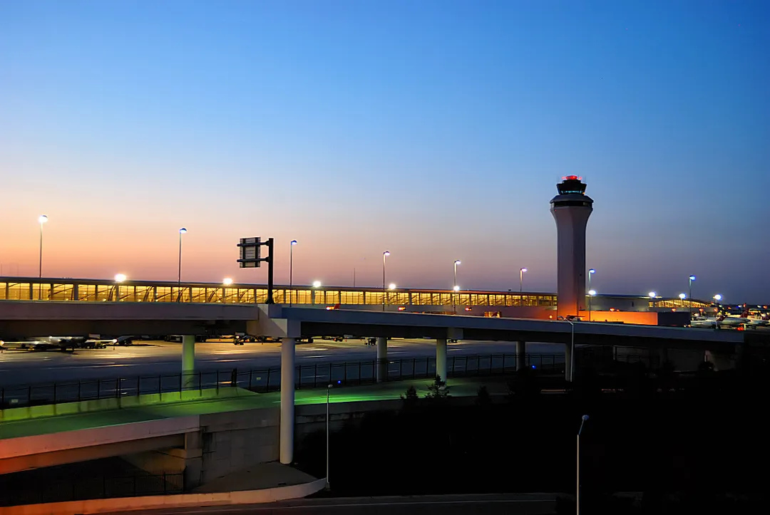 Detroit Metropolitan Wayne County Airport Air Control Tower during the sunset