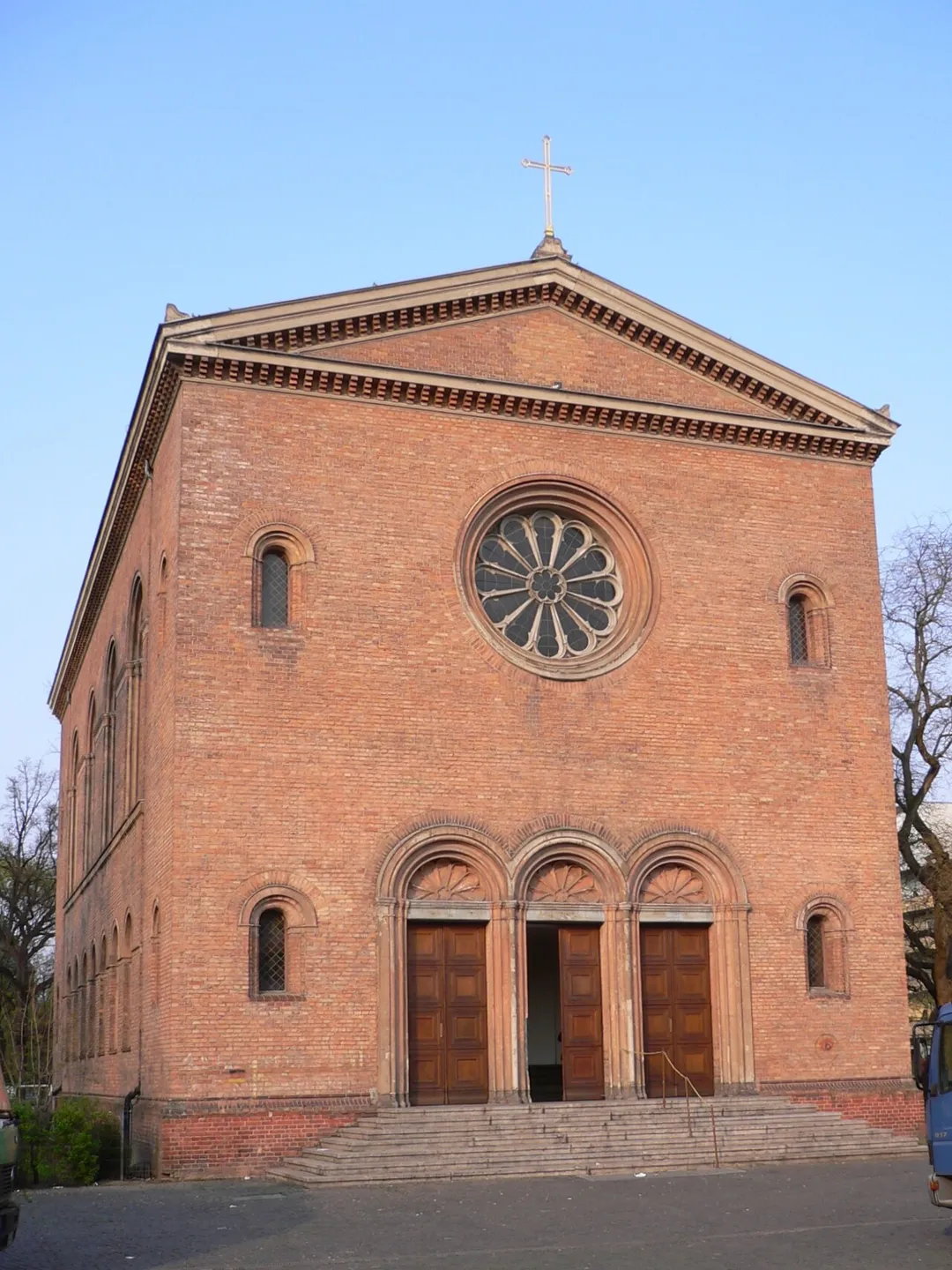 Leopoldplatz, Berlin-Wedding, Germany – Alte Nazareth-Kirche (church), south western front, main entry (image edited: rotated, cropped)