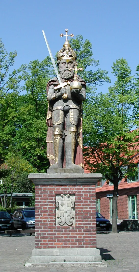 Statue of Roland in Wedel (Holstein) Schleswig-Holstein, Germany, next to Hamburg before restoration in May 2007. Cultural heritage monument.