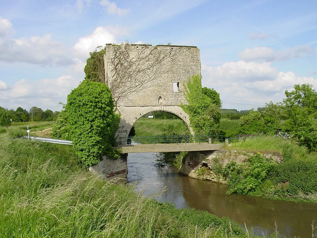 Remains of a sluice tower, quay and watermill in the fields in Weerde, Belgium.
